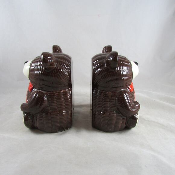 OMC Japan Ceramic Bear Bookends Textured Ribbed Red Bow Accents 6" Vintage 1970s - Picture 2 of 7